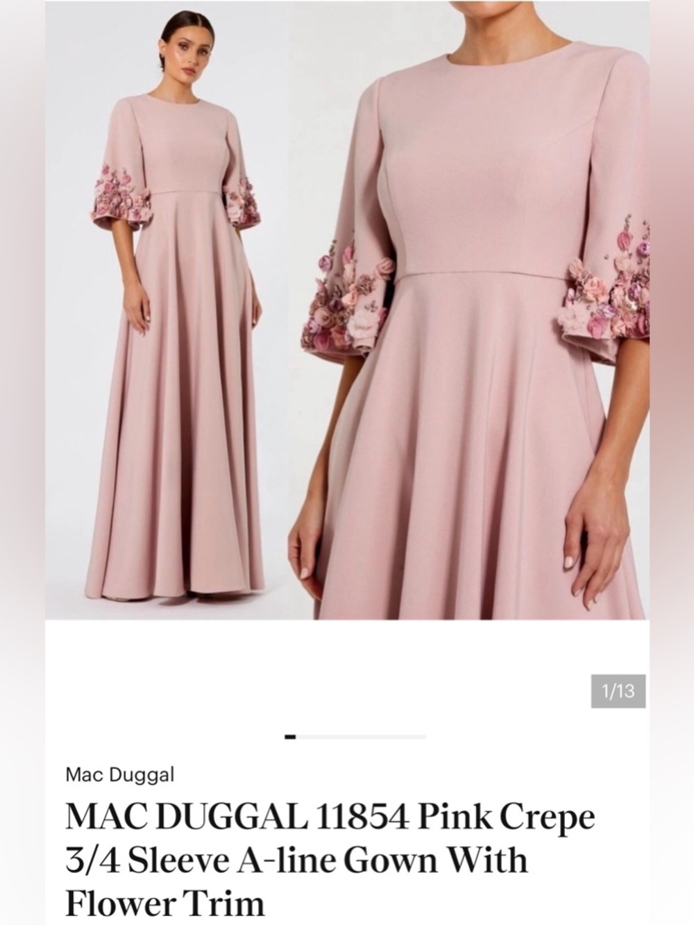 MAC DUGGAL 11854 Pink Crepe 3/4 Sleeve A-line Gown With Flower Trim
